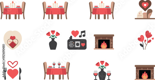 Romantic date night icon set, candlelight dinner roses fireplace hearts wine flat vector illustration collection