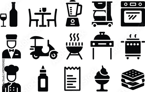 Restaurant and kitchen icon set, cooking appliances waiter chef food delivery and dining vector black silhouette symbols