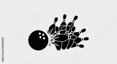 Bowling Ball Striking and Scattering Pins on Gray Background