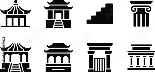 Set of eight black and white architectural landmark icons, Asian temples, classical columns and historic building silhouettes