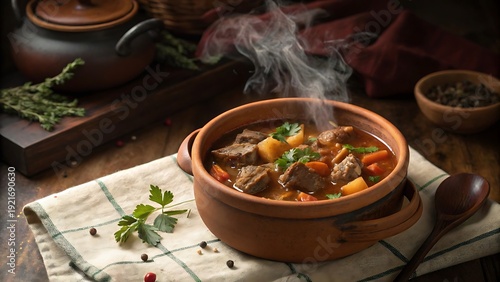 Steaming bowl of traditional beef stew with potatoes and carrots on rustic cloth tablecloth