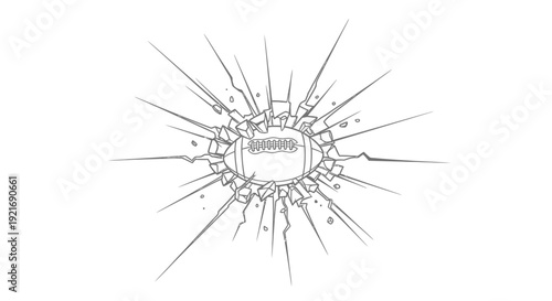 American Football Breaking Through Glass or Wall Outline on Isolated White Background