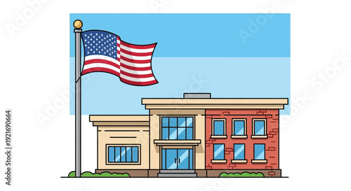 An illustrated depiction of an american flag waving in front of a brick building a patriotic silhouette high quality professional detailed