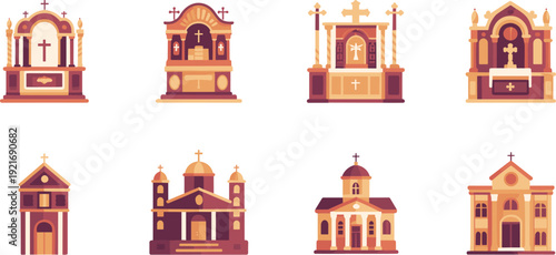 Set of eight stylized Christian church and altar icons, religious architecture collection with crosses and sacred design
