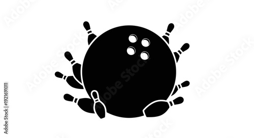 A black bowling ball surrounded by several bowling pins, creating a unique graphic design.