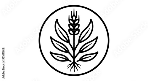 Black and white line art illustration of a stylized plant with roots, leaves, and a grain stalk, enclosed within a perfect circle.