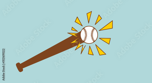Illustration of a baseball bat making powerful contact with a baseball, depicted with radiating impact sparks on a light blue background.