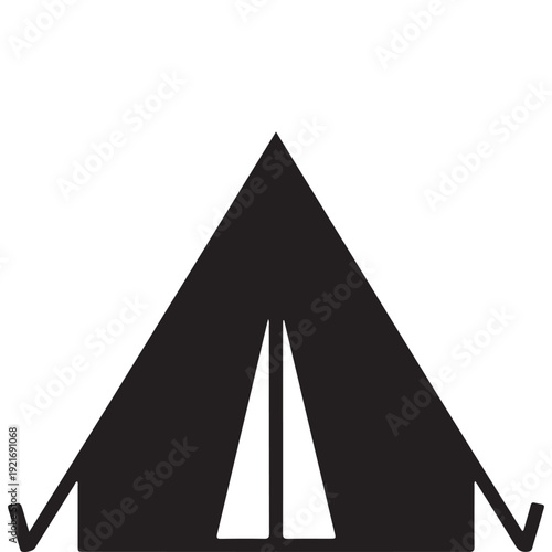 Minimal tent silhouette icon, camping symbol, outdoor shelter logo, travel adventure concept, simple black vector illustration isolated