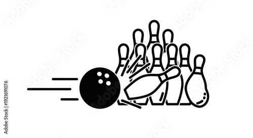 A black and white line art illustration depicting a bowling ball striking a set of bowling pins, with some pins falling over in a dynamic action shot.
