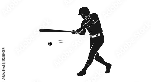 Dynamic black and white illustration of a baseball batter making contact with the ball.