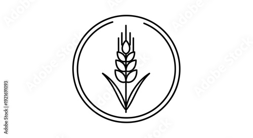 Minimalist black and white line art icon of a wheat ear with leaves inside a double circle, symbolizing grain or gluten-free.
