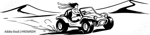 Woman exhilarates desert terrain in minimalist sumi-e dune buggy

