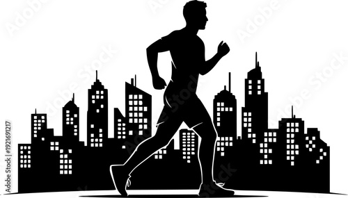 Urban vitality: A man's silhouette jogging through a stylized ci
