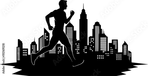 Urban vitality: A man's silhouette jogging through a stylized ci

