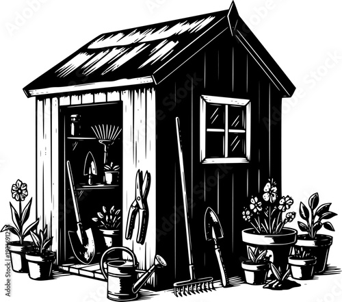 Monochrome Potting Shed Illustration with Gardening Tools and Po
