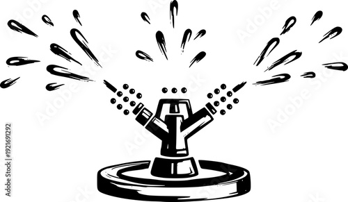 Monochrome Lawn Sprinkler Icon Illustration in Brushstroke Style
