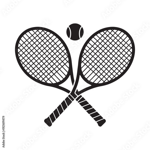 Two tennis rackets crossed with a tennis ball above them