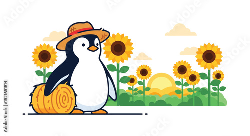 A charming illustration depicts a penguin wearing a straw hat amidst sunflowers and hay bales a delightful silhouette high quality professional