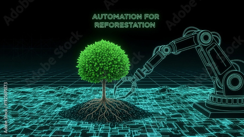 Black line art of robotic arm planting green tree in digital grid soil, automation for reforestation concept