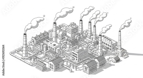 Industrial Factory Complex with Smokestacks.