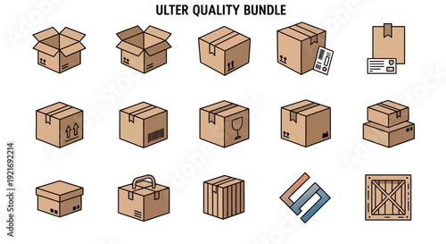 A collection of various cardboard packaging boxes and a wooden crate, illustrating shipping and delivery concepts.
