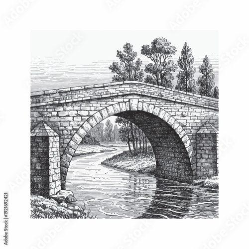 Stone arch bridge laser engraving design, vintage woodcut engraving vector illustration, detailed hand drawn ink line art masonry bridge over river landscape for CNC etching