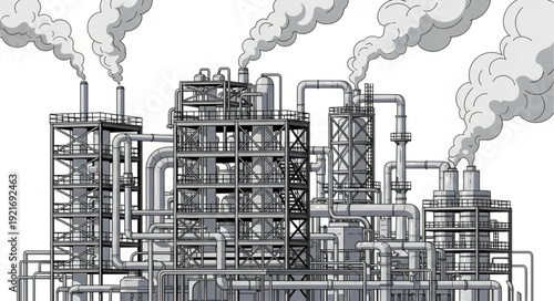 Industrial Factory Complex with Smokestacks.