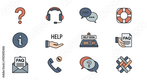 A collection of customer support and information icons, including help desk, FAQ, question marks, and communication symbols.