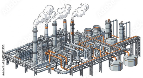 Industrial Factory Complex with Smokestacks.