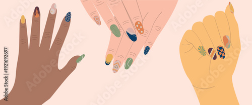 Aesthetic Nails Art Hand Models Illustration, Colorful manicure looks on hands flat illustration showcasing diverse skin tones and detailed modern nail art