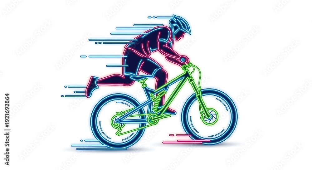 Fototapeta premium A vibrant, neon-style illustration of a cyclist in motion, riding a mountain bike with speed lines. The dynamic artwork is on white
