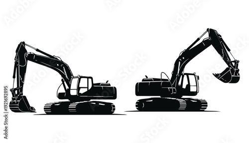 A minimalist, graphic illustration depicting two stylized black excavators against a stark white background.