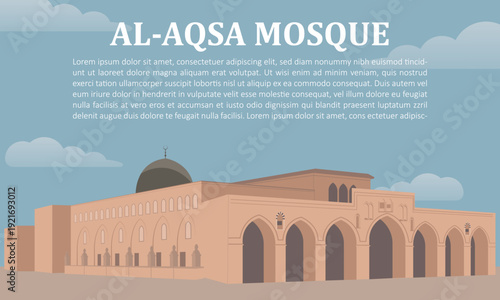 Al Aqsa Mosque with blue sky flat banner or poster illustration