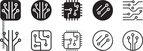 Circuit board icon set in line style. Editable vector EPS for tech, electronics and web design.