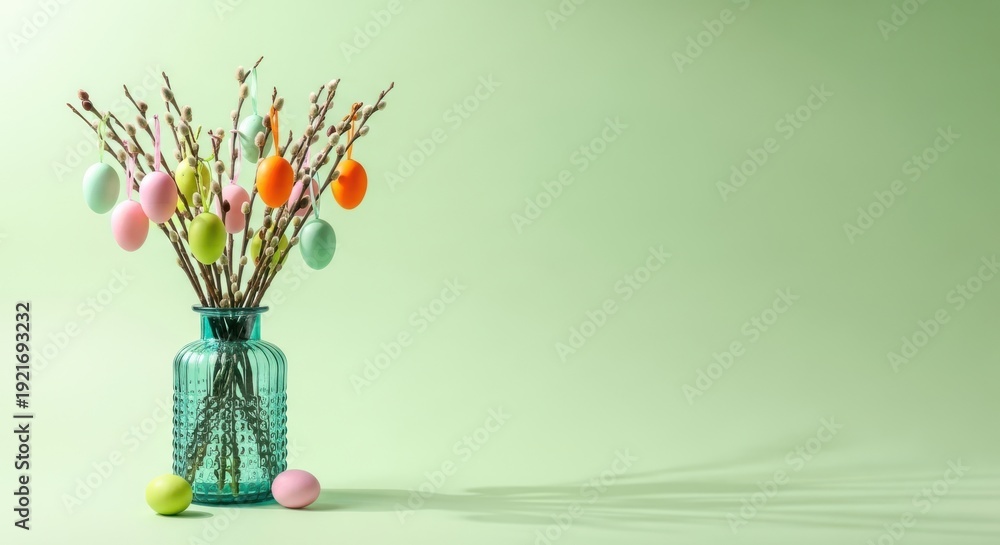 Naklejka premium Easter decoration with colorful eggs on branches in glass vase on green background