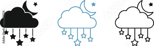 Cute Night Sky Cloud with Crescent Moon and Hanging Stars Line Art and Shilhoutte Vector Set – Minimalist Kawaii Weather Icons for Baby Shower and Nursery Design