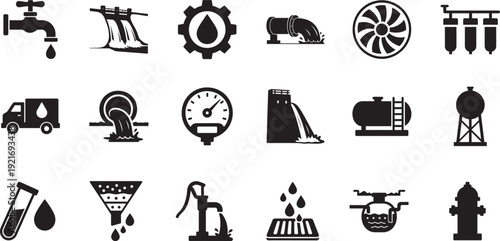 Water infrastructure icon set in line style. Editable vector EPS for utility and city system design.