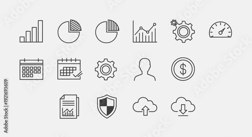 Collection of business and finance icons in outline style.