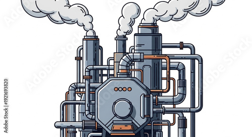 Industrial Factory with Pipes and Machinery.