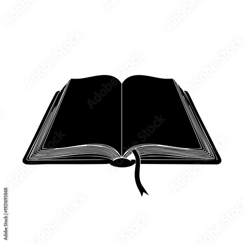 An open book silhouette with a bookmark