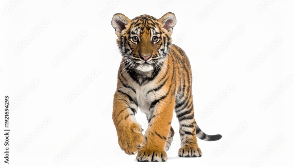 Obraz premium Tiger cub walk isolated white background wildlife photography young tiger cub strolls on clean white background wildlife photo