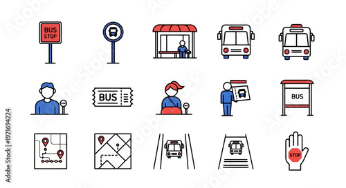 Collection of bus transportation icons and symbols.