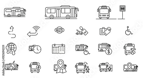 Collection of bus transportation icons and symbols.