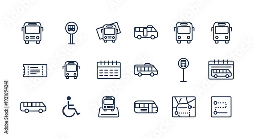 Collection of bus transportation icons and symbols.