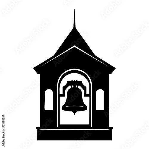 Silhouette of a church bell tower against the sky. The bell tower features a pointed roof, arched openings, and a large bell hanging inside