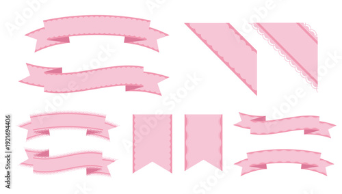 ウェブデザインや広告用の大人可愛いピンクのリボンフレーム素材セット、優雅なレースの縁取り、バレンタイン、母の日、春のセール告知、結婚式の招待状、ギフトラッピング、タイトル見出しに最適なガーリーな装飾バナーセット