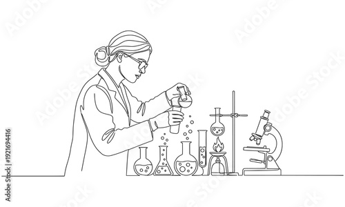 Single continuous line drawing female scientist immersed in research. Dedication to scientific discovery scientist and laboratory equipment