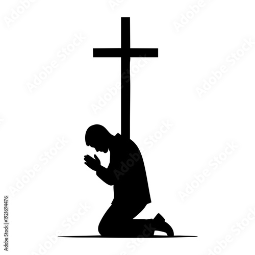 A silhouette of a man kneeling in prayer before a cross, symbolizing faith and devotion