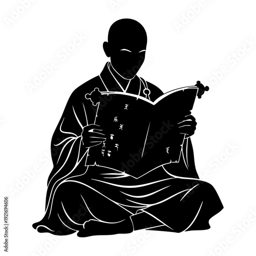 Silhouette of a monk engrossed in reading a traditional book, depicting contemplation and spirituality