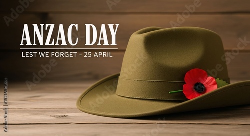 ANZAC Day remembrance banner with slouch hat and red poppy Lest We Forget 25 April commemorative concept